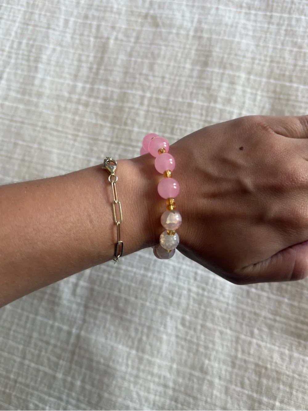 Pink Beaded Stretch Bracelet - Gold Accent